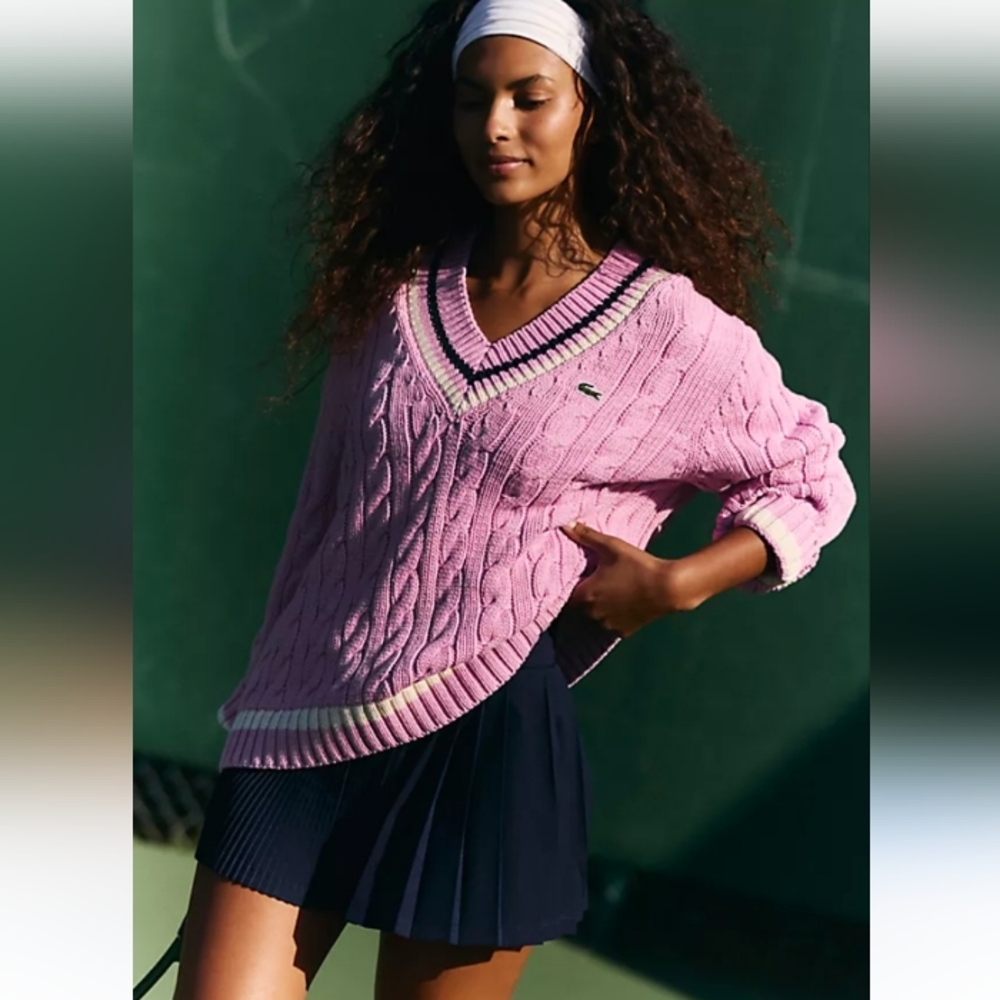 Lacoste Pink Cable Knit V-Neck Sweater with Trim